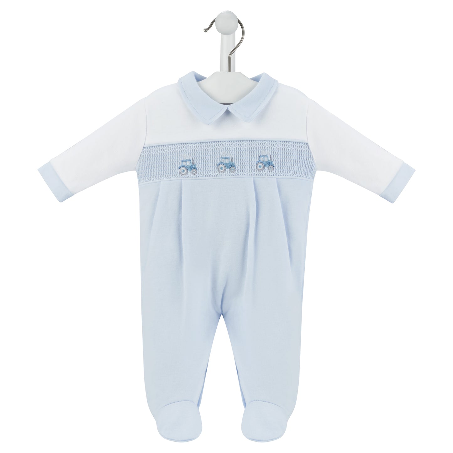 Dandelion Blue Little Tractor Smocked Sleepsuit