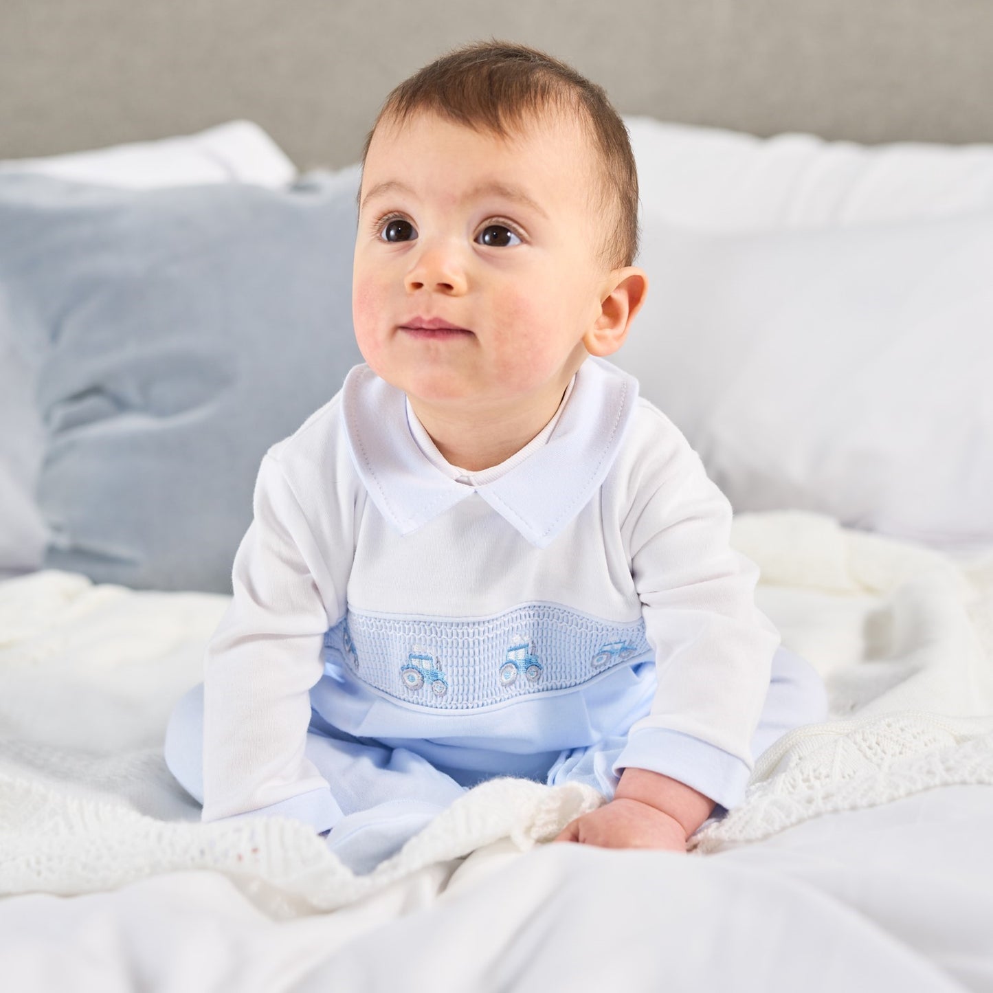 Dandelion Blue Little Tractor Smocked Sleepsuit