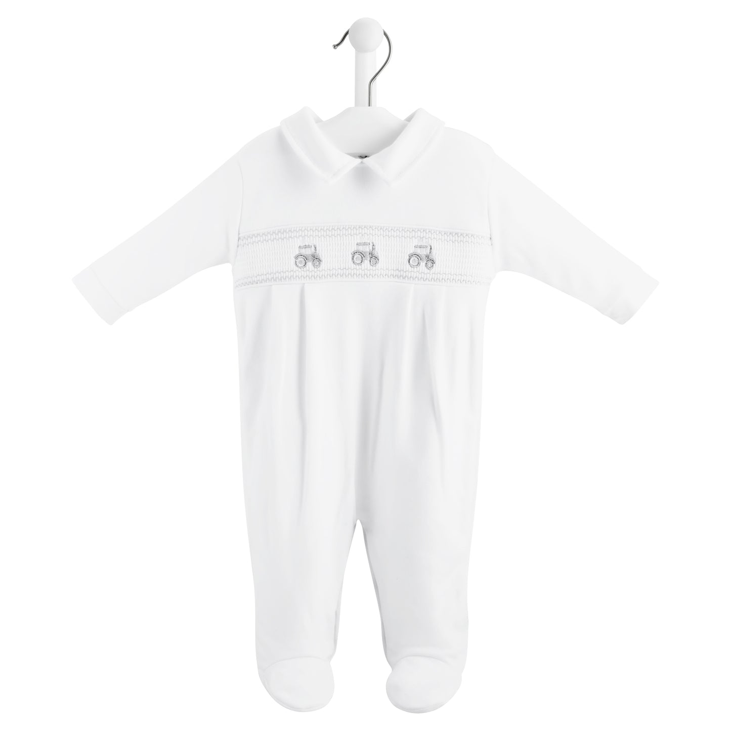 Dandelion White Little Tractor Smocked Sleepsuit