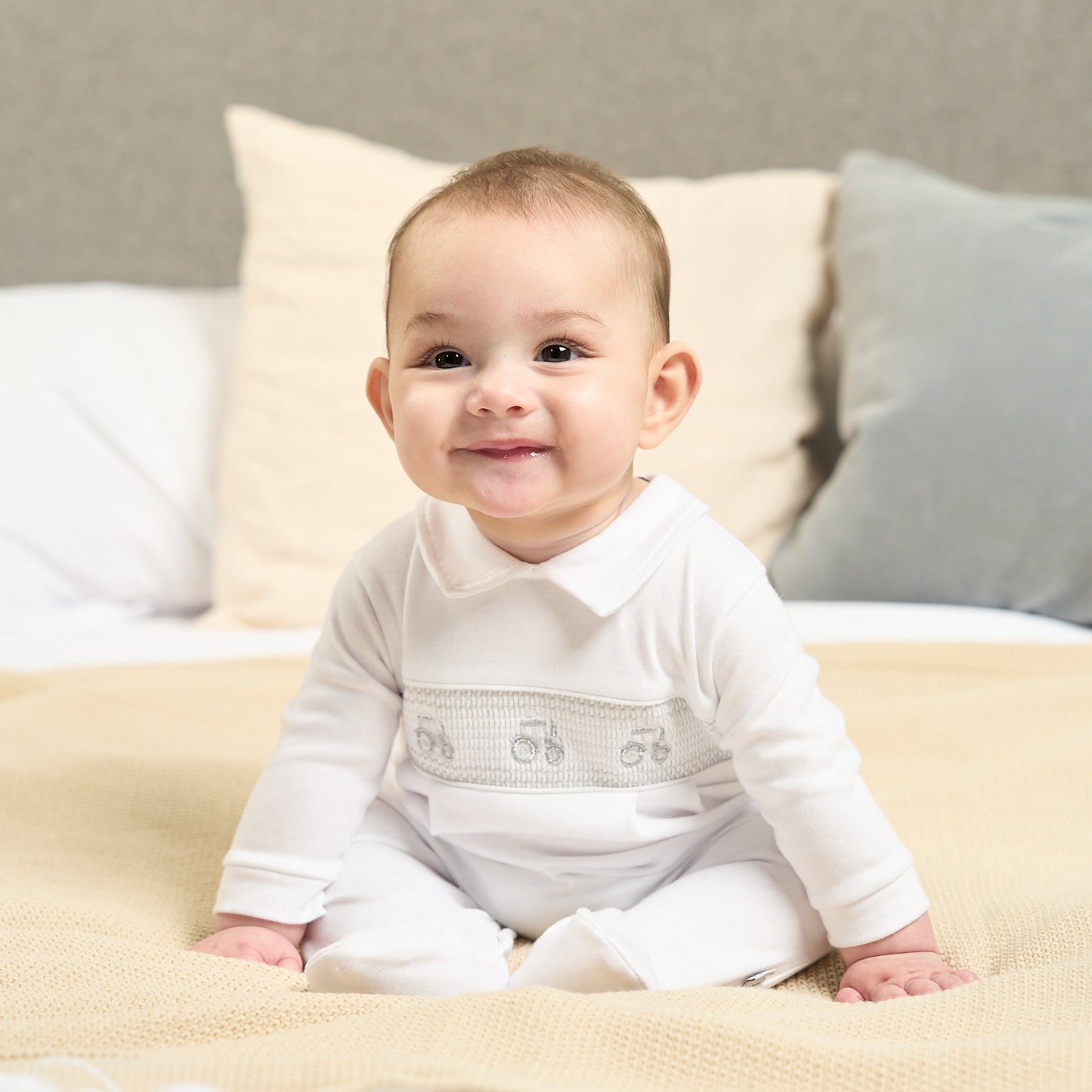 Dandelion White Little Tractor Smocked Sleepsuit