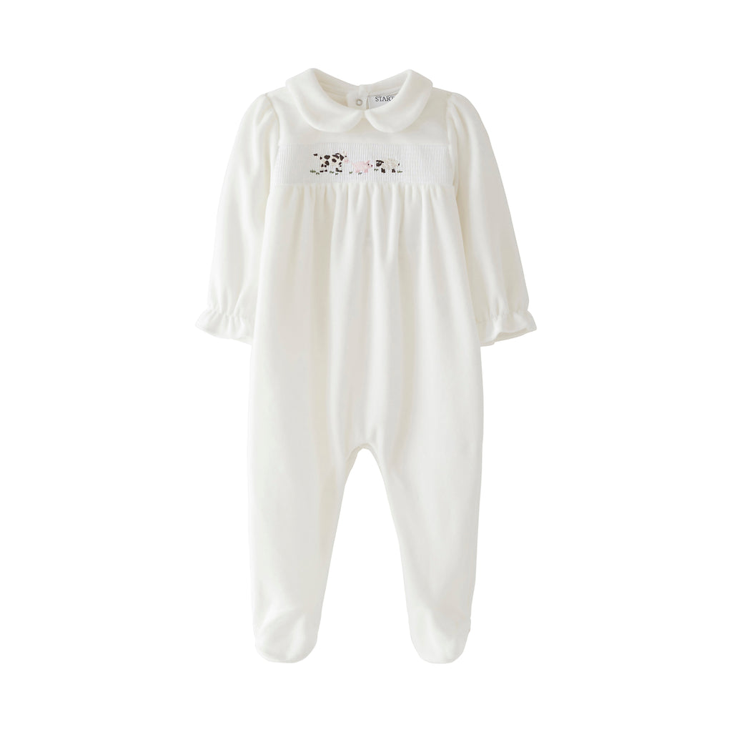 Startsmart Cream Smocked Velour Farm Animal Sleepsuit