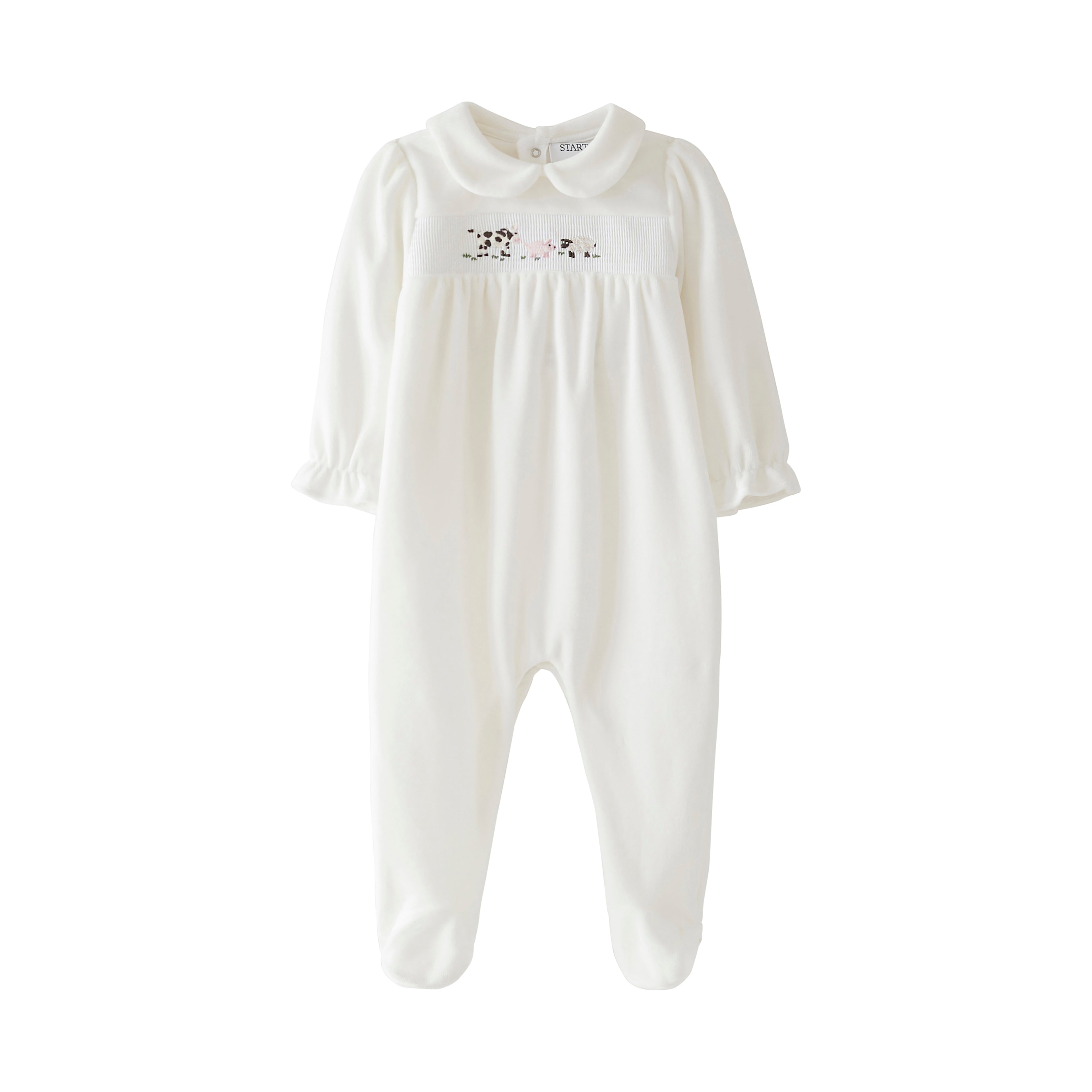 Startsmart Cream Smocked Velour Farm Animal Sleepsuit