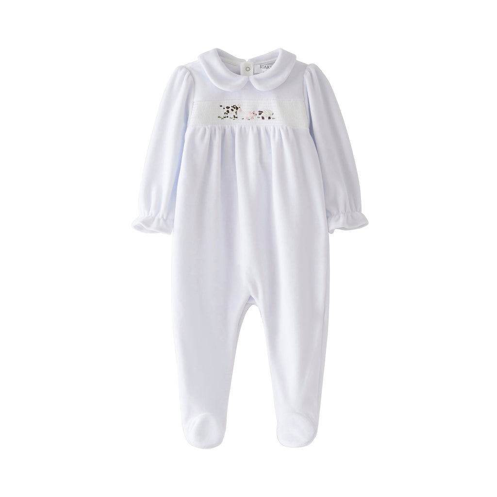 Startsmart Blue Smocked Velour Farm Animal Sleepsuit