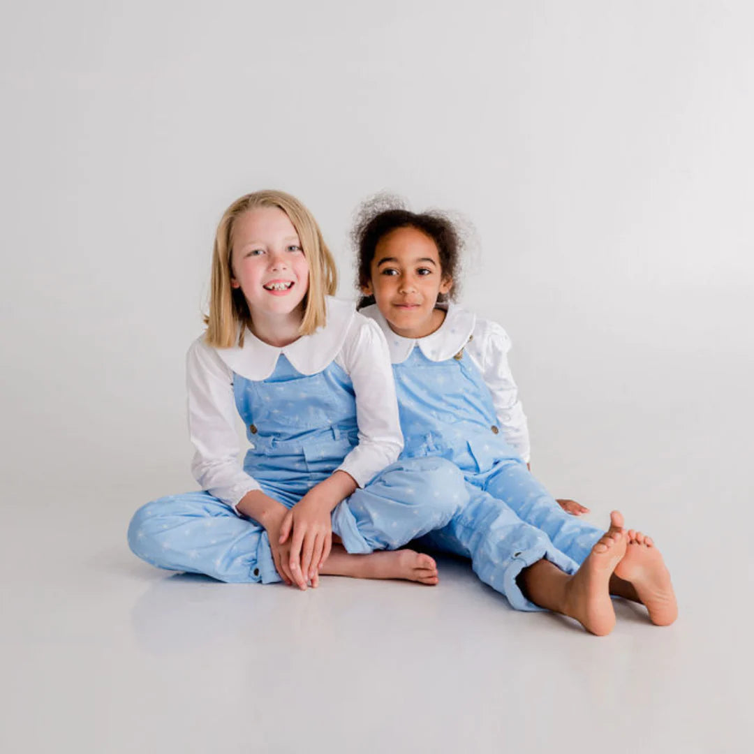 Dotty Dungarees Pale Blue with Snowflake Print