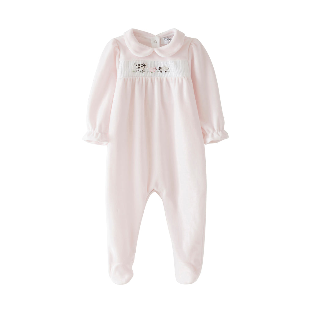 Startsmart Pink Smocked Velour Farm Animal Sleepsuit