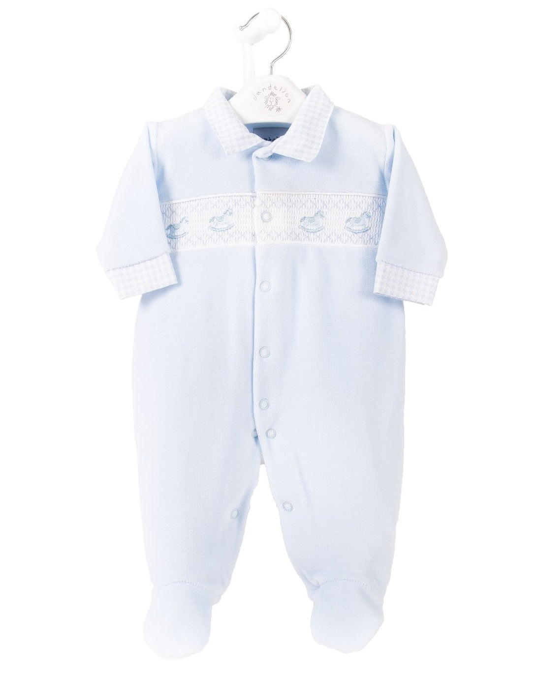 Dandelion Blue Rocking Horse Smocked Velour Sleepsuit