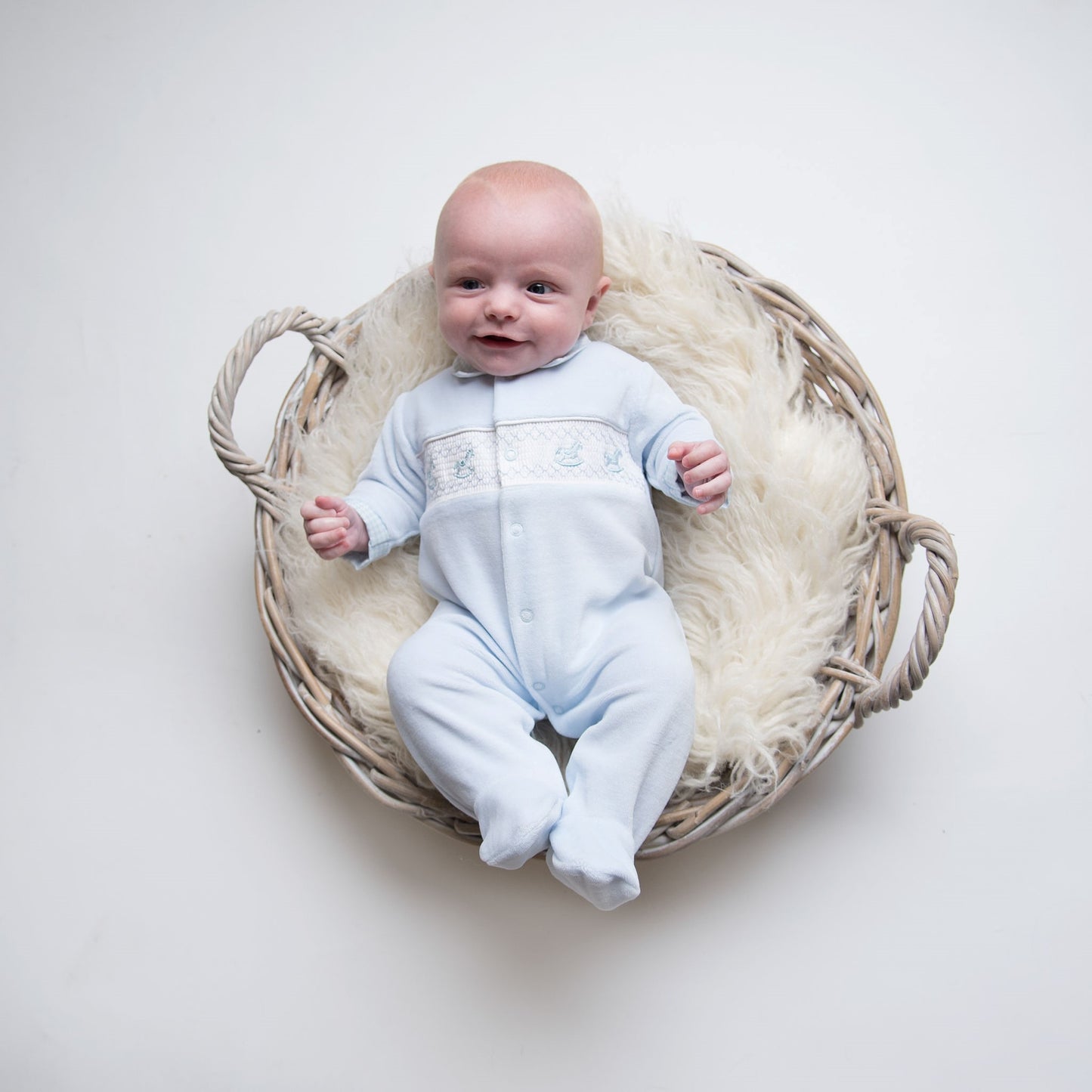 Dandelion Blue Rocking Horse Smocked Velour Sleepsuit