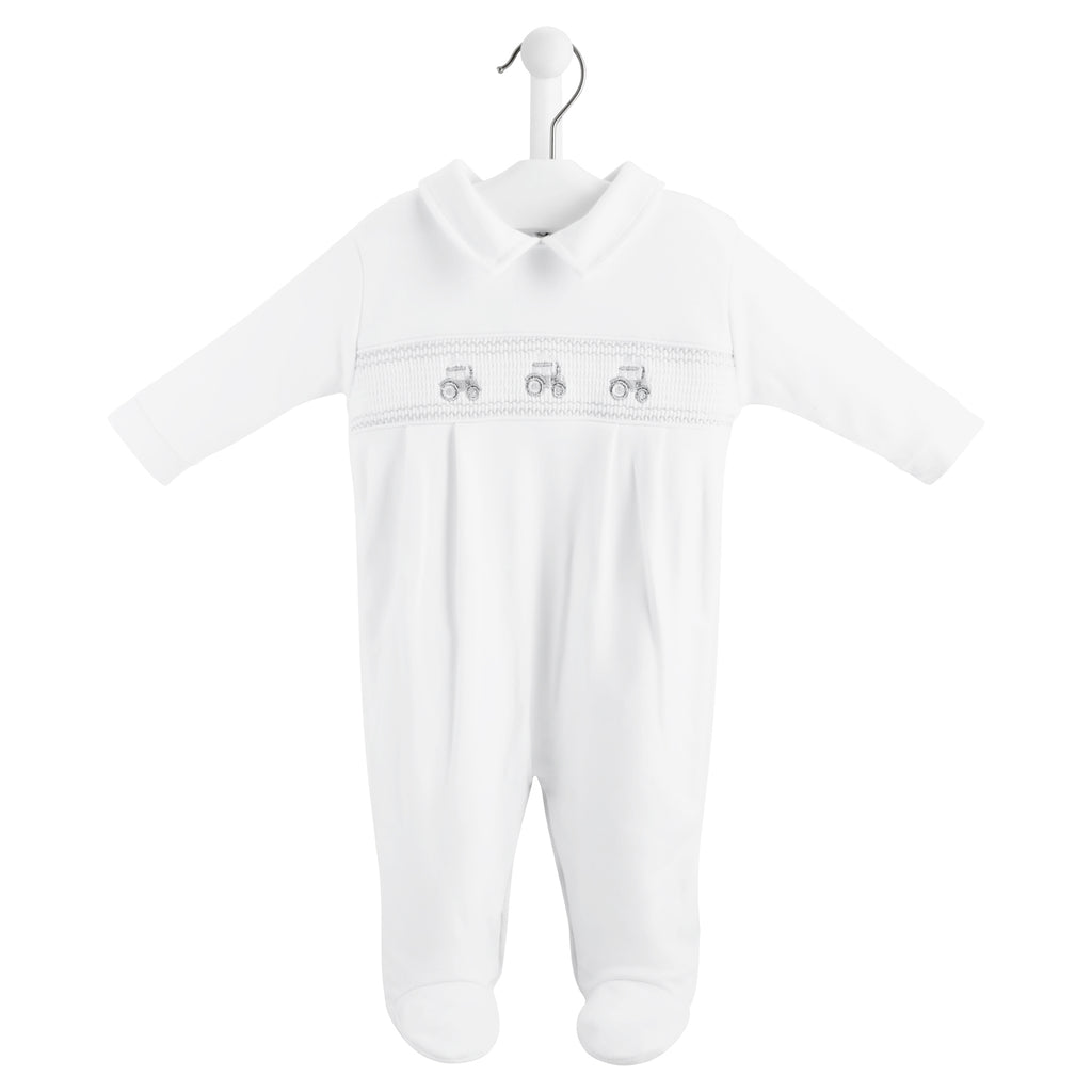Dandelion White Little Tractor Smocked Sleepsuit