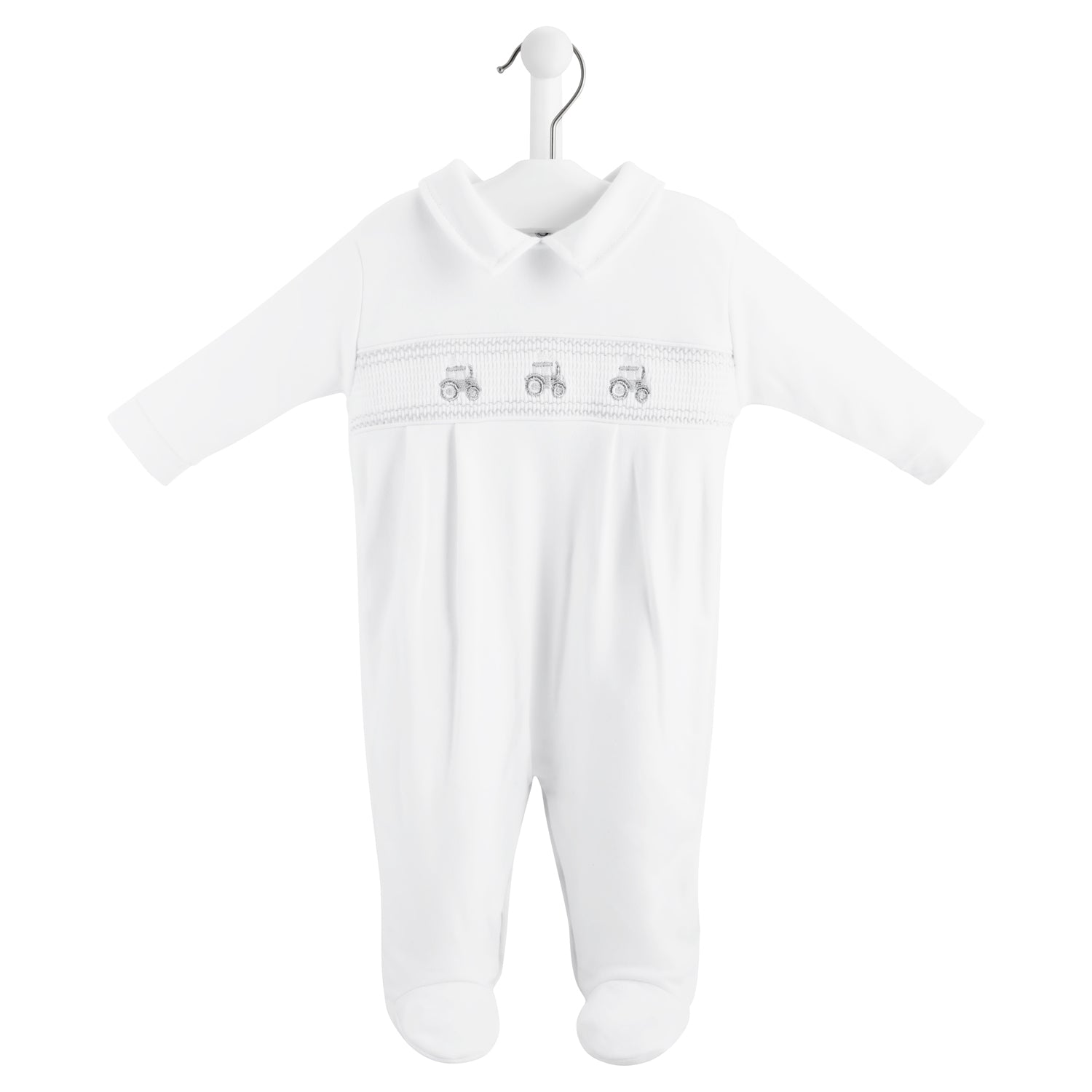 Dandelion White Little Tractor Smocked Sleepsuit