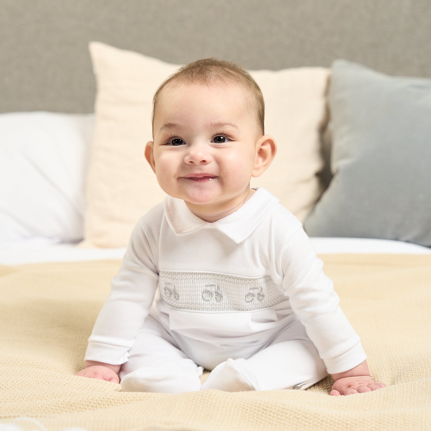 Dandelion White Little Tractor Smocked Sleepsuit