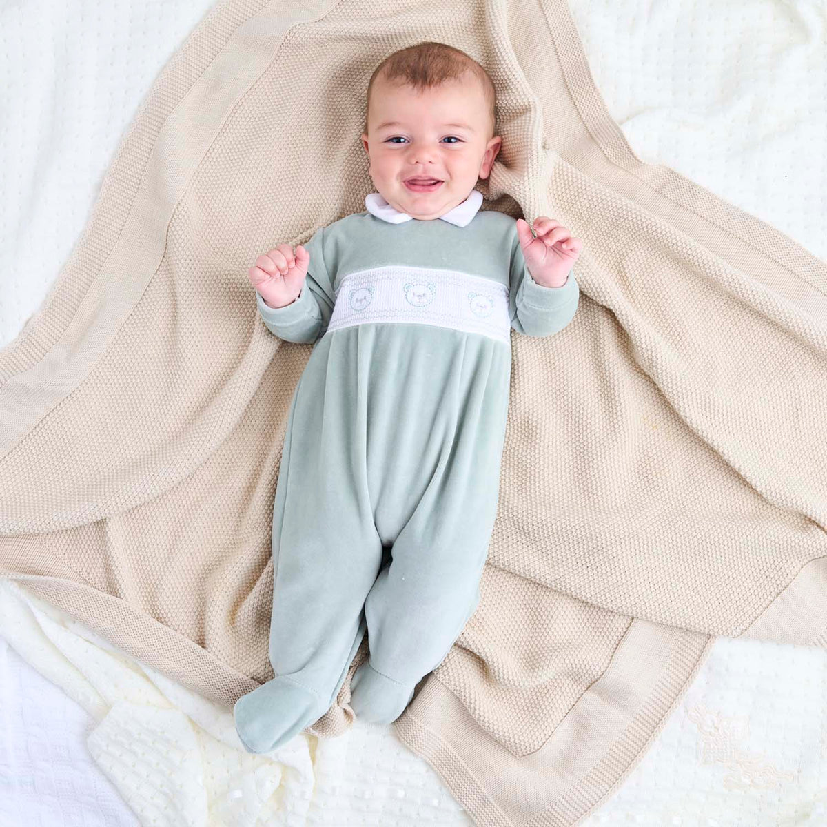 Dandelion Sage Bear Smocked Sleepsuit