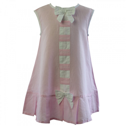Powell Craft Pink Linen Sleeveless Dress with Ribbon Front