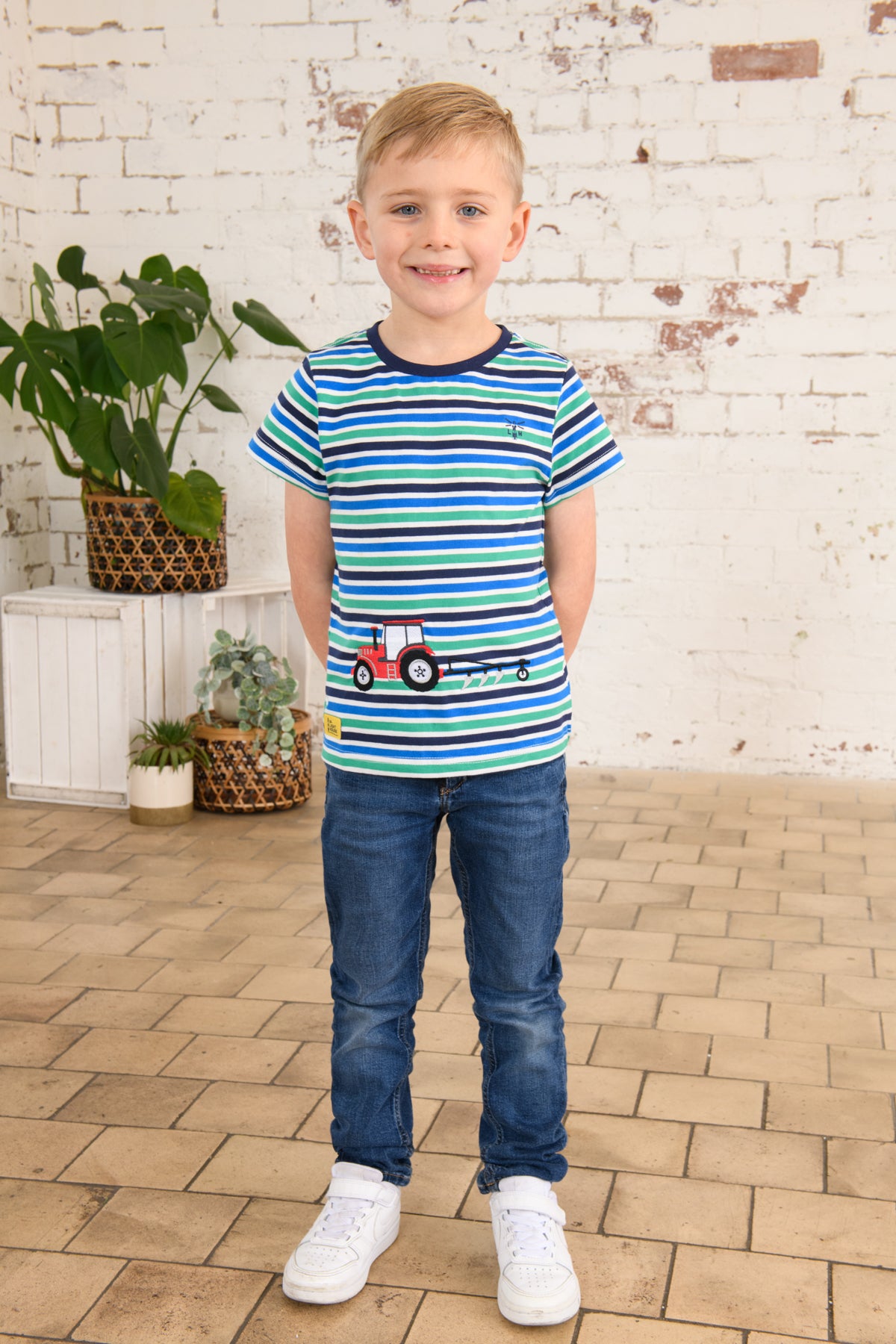 Lighthouse Short Sleeve Striped T-Shirt with Tractor